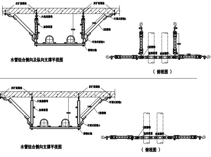 水管組合側向縱向抗震支吊架平視圖